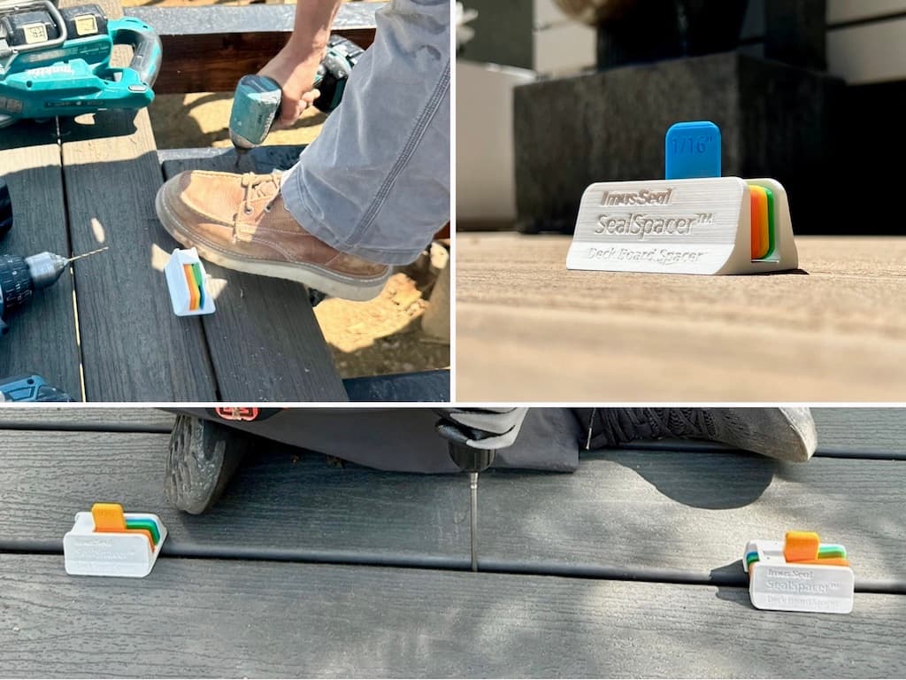 Collage of Imus Seal SealSpacer deck board spacers in use during decking installations and builds