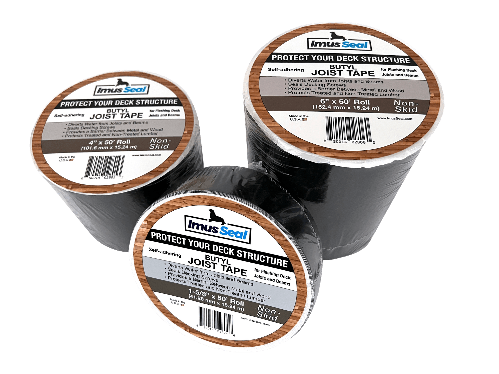 Non-Skid Imus Seal Butyl Joist Tape for flashing deck joists and beams in 1-5/8", 4", and 6" sizes