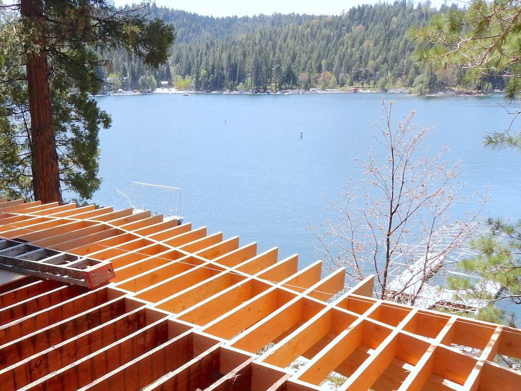 Lakefront deck framing in Lake Arrowhead, California