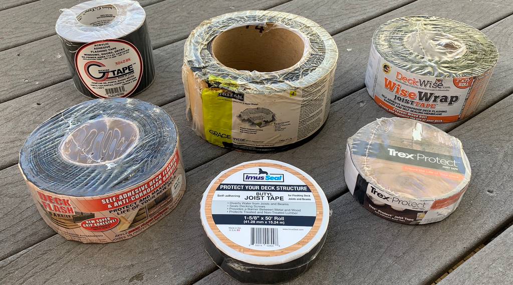 Joist and beam tapes for deck flashing including Imus Seal Butyl Joist Tape, Trex Protect, Nichigo G-Tape 3040BK, DeckWise WiseWrap JoistTape, Cofair Products Deck Flash Barrier, and Grace Vycor Deck Protector