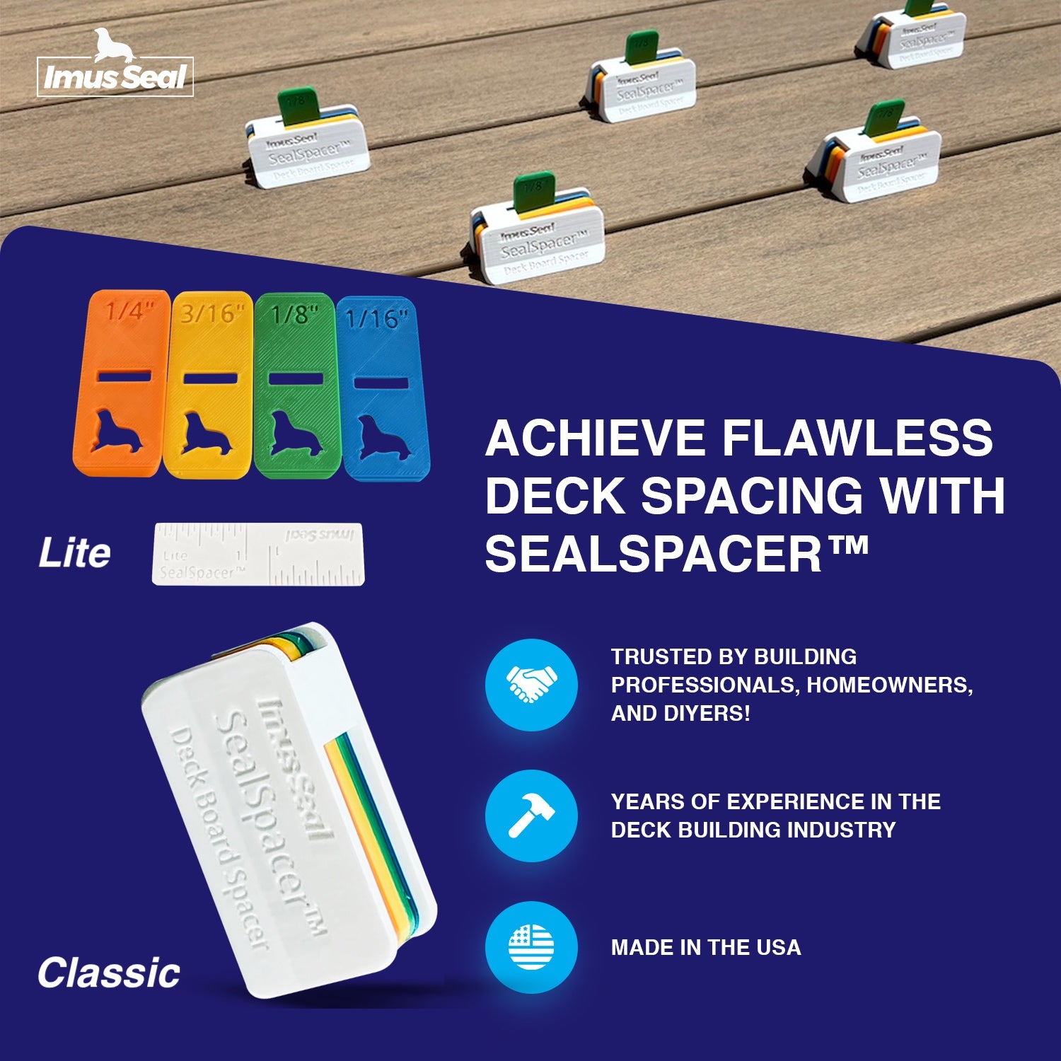 Imus Seal SealSpacer Deck Board Spacer Achieve Flawless Deck Spacing Infographic